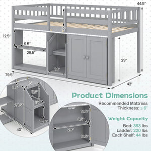 Twin Size Loft Bed with LED Lights and Kids Wooden Bed Frame-Gray view 4