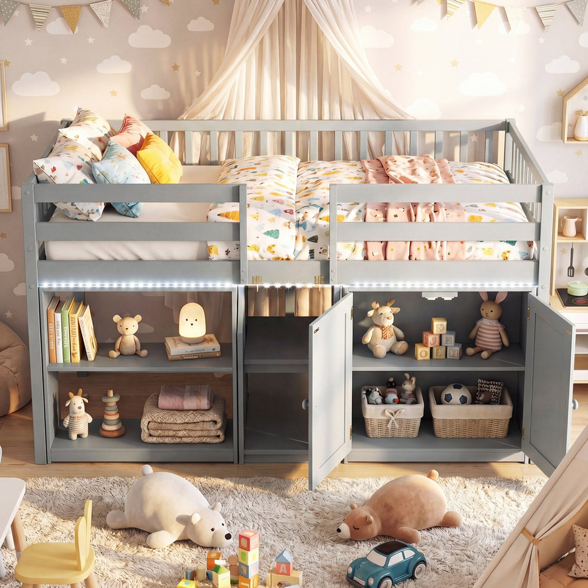 Twin Size Loft Bed with LED Lights and Kids Wooden Bed Frame-Gray view 5