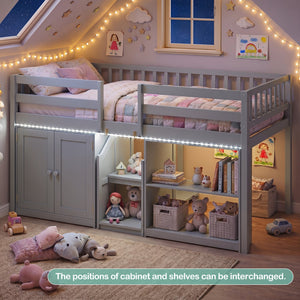 Twin Size Loft Bed with LED Lights and Kids Wooden Bed Frame-Gray view 6