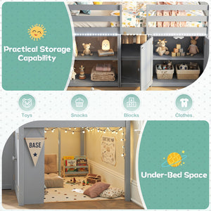 Twin Size Loft Bed with LED Lights and Kids Wooden Bed Frame-Gray view 7