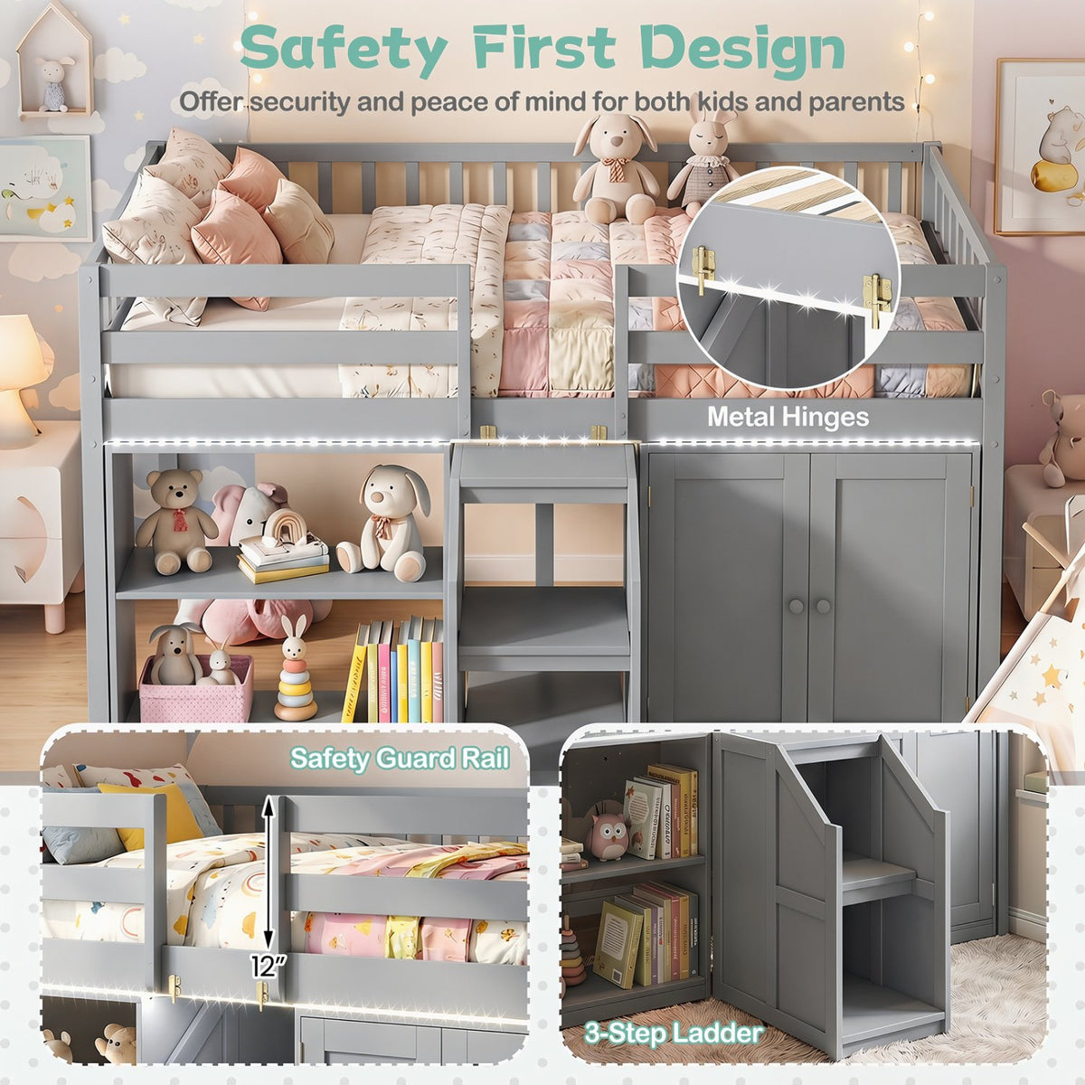 Twin Size Loft Bed with LED Lights and Kids Wooden Bed Frame-Gray view 8
