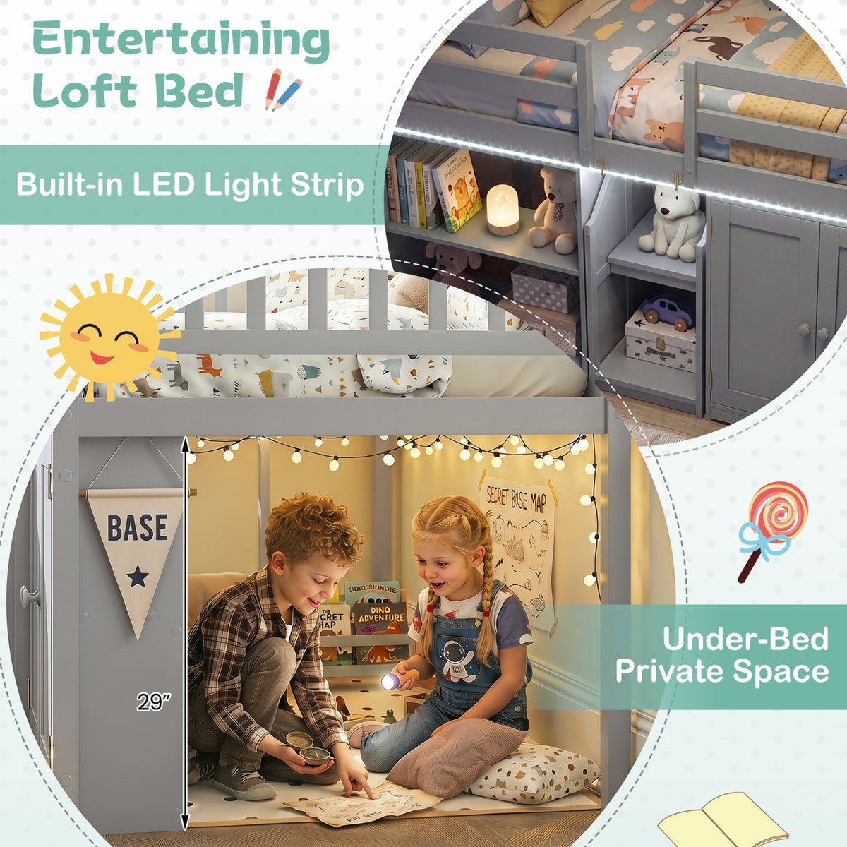 Twin Size Loft Bed with LED Lights and Kids Wooden Bed Frame-Gray view 9