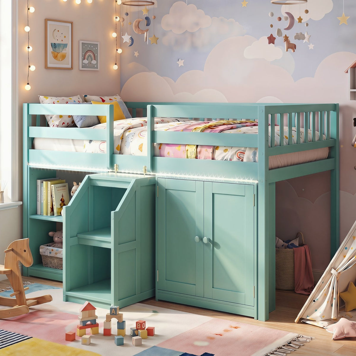 Twin Size Loft Bed with LED Lights and Kids Wooden Bed Frame-Green view 2