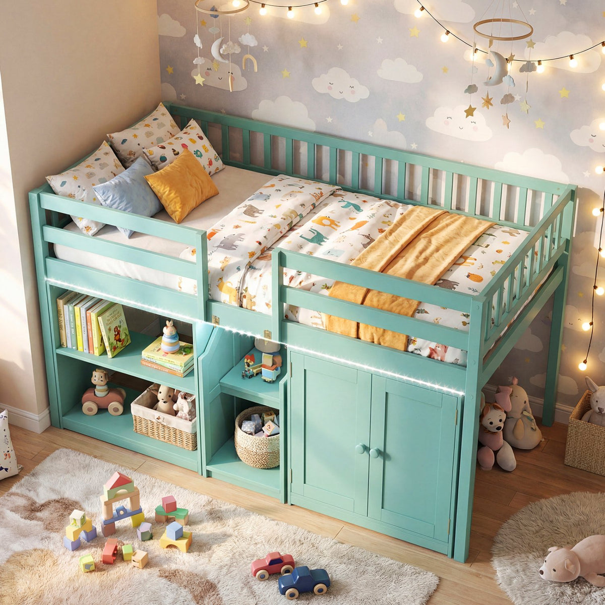 Twin Size Loft Bed with LED Lights and Kids Wooden Bed Frame-Green view 3