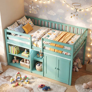 Twin Size Loft Bed with LED Lights and Kids Wooden Bed Frame-Green view 3