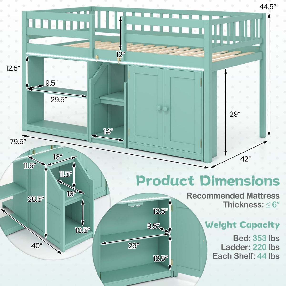 Twin Size Loft Bed with LED Lights and Kids Wooden Bed Frame-Green view 4