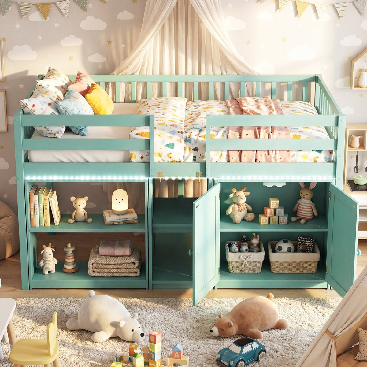 Twin Size Loft Bed with LED Lights and Kids Wooden Bed Frame-Green view 5