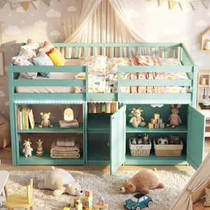 Twin Size Loft Bed with LED Lights and Kids Wooden Bed Frame-Green view 5