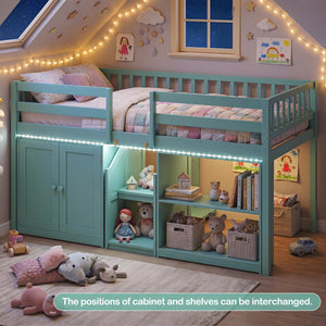 Twin Size Loft Bed with LED Lights and Kids Wooden Bed Frame-Green view 6