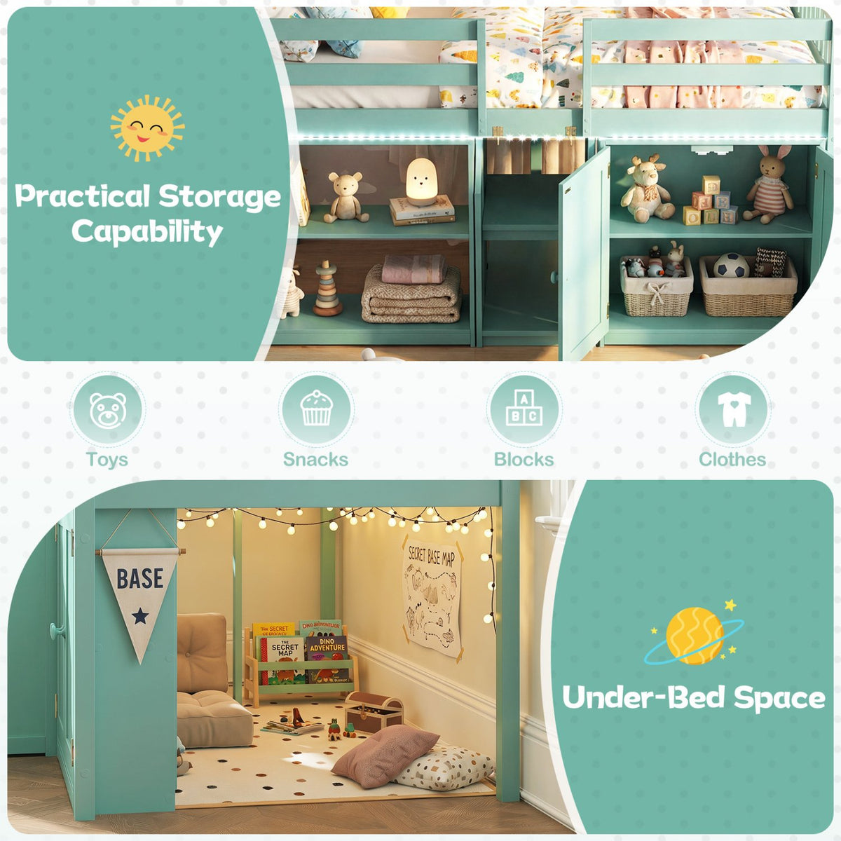Twin Size Loft Bed with LED Lights and Kids Wooden Bed Frame-Green view 7