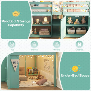 Twin Size Loft Bed with LED Lights and Kids Wooden Bed Frame-Green view 7