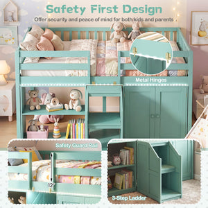 Twin Size Loft Bed with LED Lights and Kids Wooden Bed Frame-Green view 8