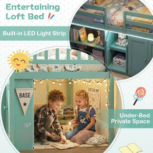 Twin Size Loft Bed with LED Lights and Kids Wooden Bed Frame-Green view 9