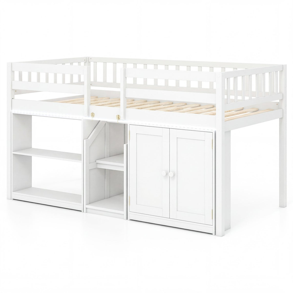 Twin Size Loft Bed with LED Lights and Kids Wooden Bed Frame-White