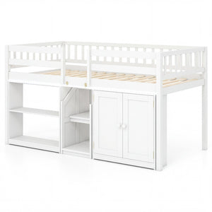 Twin Size Loft Bed with LED Lights and Kids Wooden Bed Frame-White