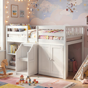 Twin Size Loft Bed with LED Lights and Kids Wooden Bed Frame-White view 2