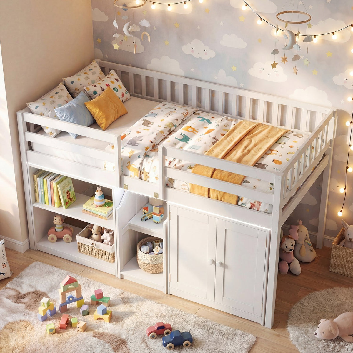 Twin Size Loft Bed with LED Lights and Kids Wooden Bed Frame-White view 3