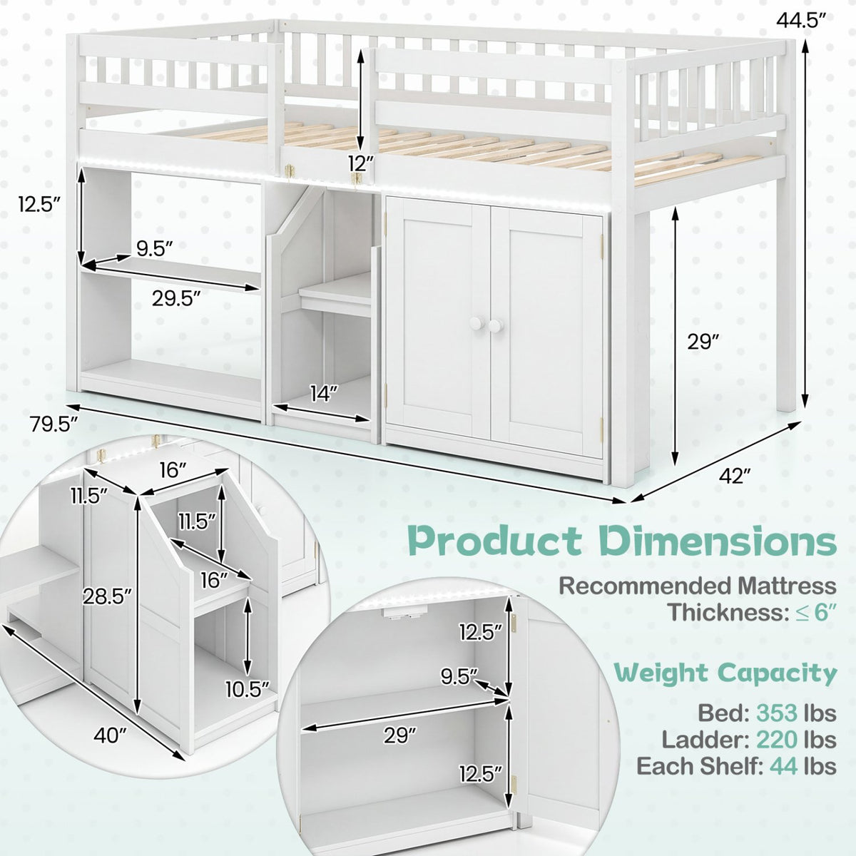 Twin Size Loft Bed with LED Lights and Kids Wooden Bed Frame-White view 4