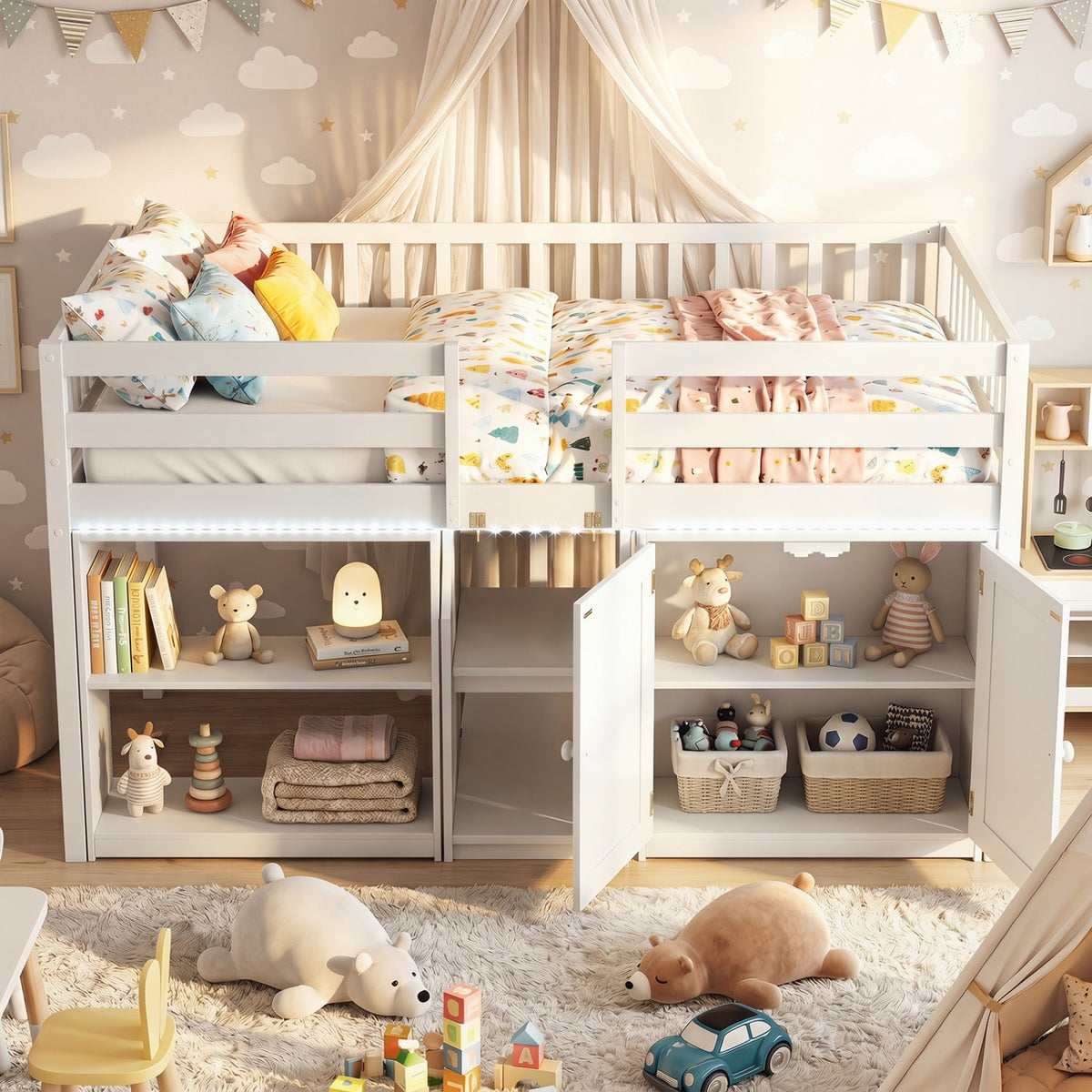 Twin Size Loft Bed with LED Lights and Kids Wooden Bed Frame-White view 5