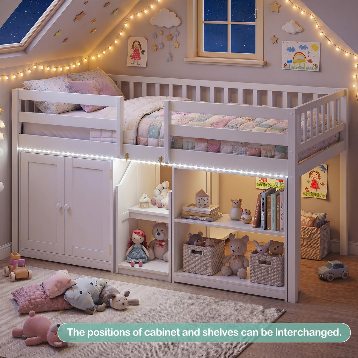 Twin Size Loft Bed with LED Lights and Kids Wooden Bed Frame-White view 6