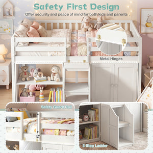 Twin Size Loft Bed with LED Lights and Kids Wooden Bed Frame-White view 8