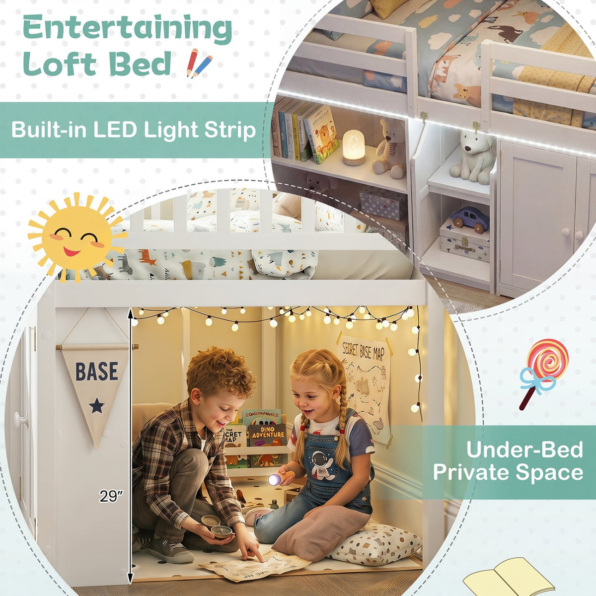 Twin Size Loft Bed with LED Lights and Kids Wooden Bed Frame-White view 9