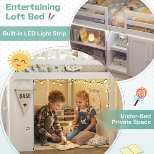 Twin Size Loft Bed with LED Lights and Kids Wooden Bed Frame-White view 9