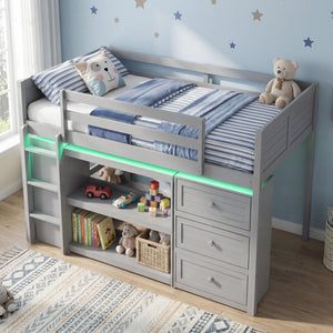 Twin Size Loft Bed with LED Lights and Underbed Space for Kids-Gray view 2