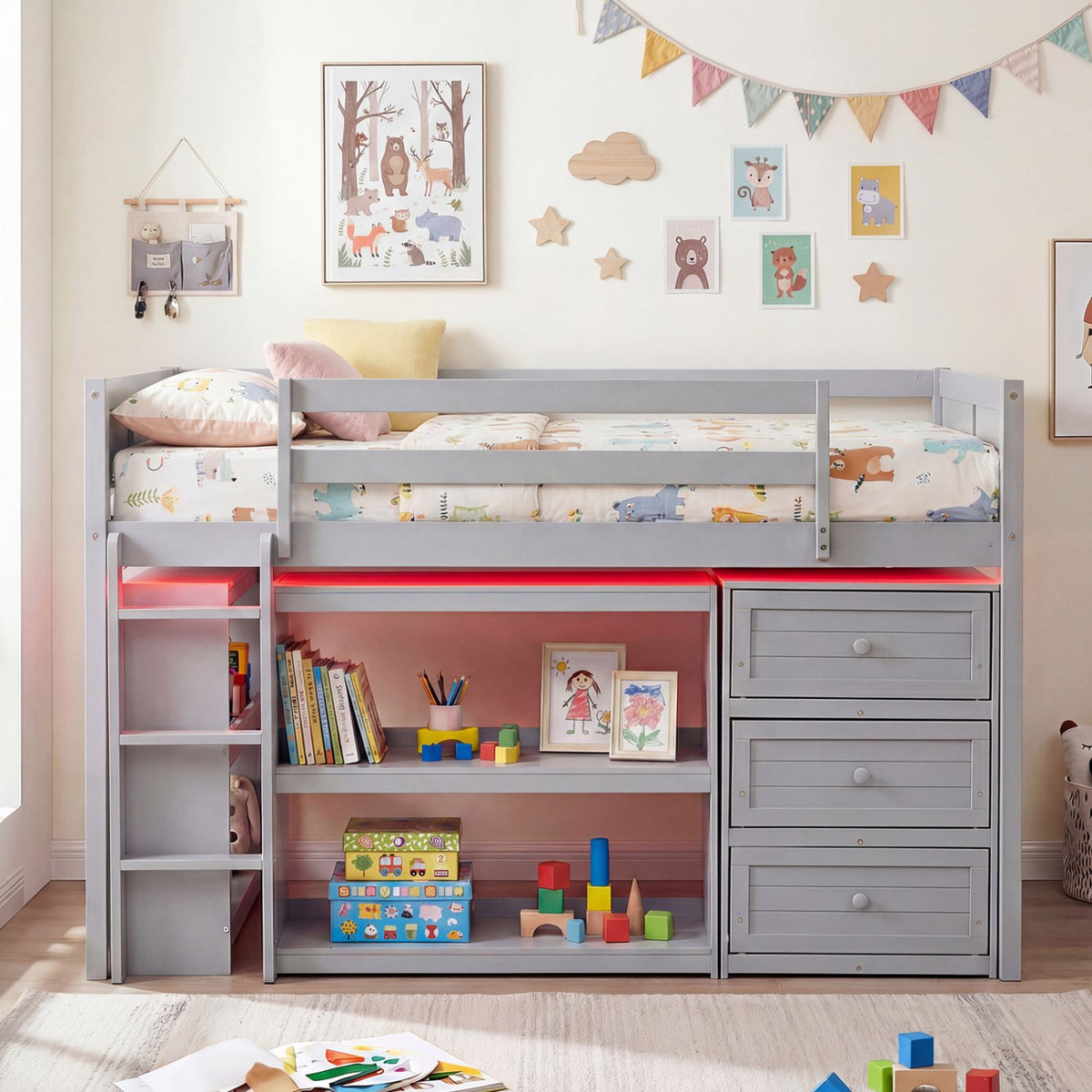 Twin Size Loft Bed with LED Lights and Underbed Space for Kids-Gray view 3
