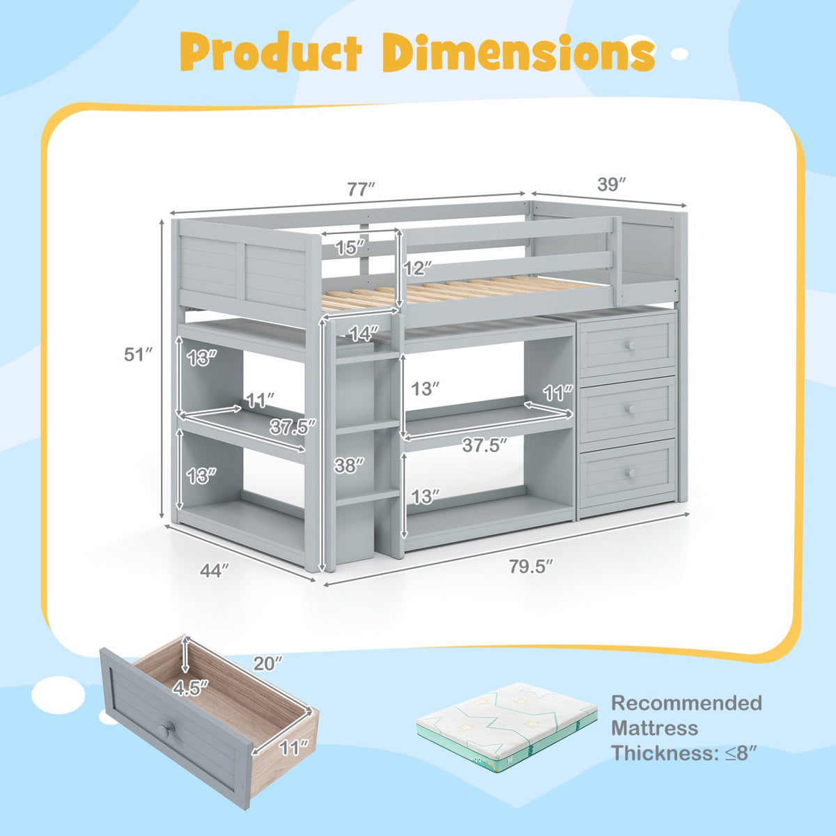 Twin Size Loft Bed with LED Lights and Underbed Space for Kids-Gray view 4
