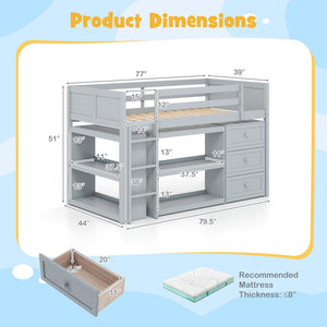 Twin Size Loft Bed with LED Lights and Underbed Space for Kids-Gray view 4