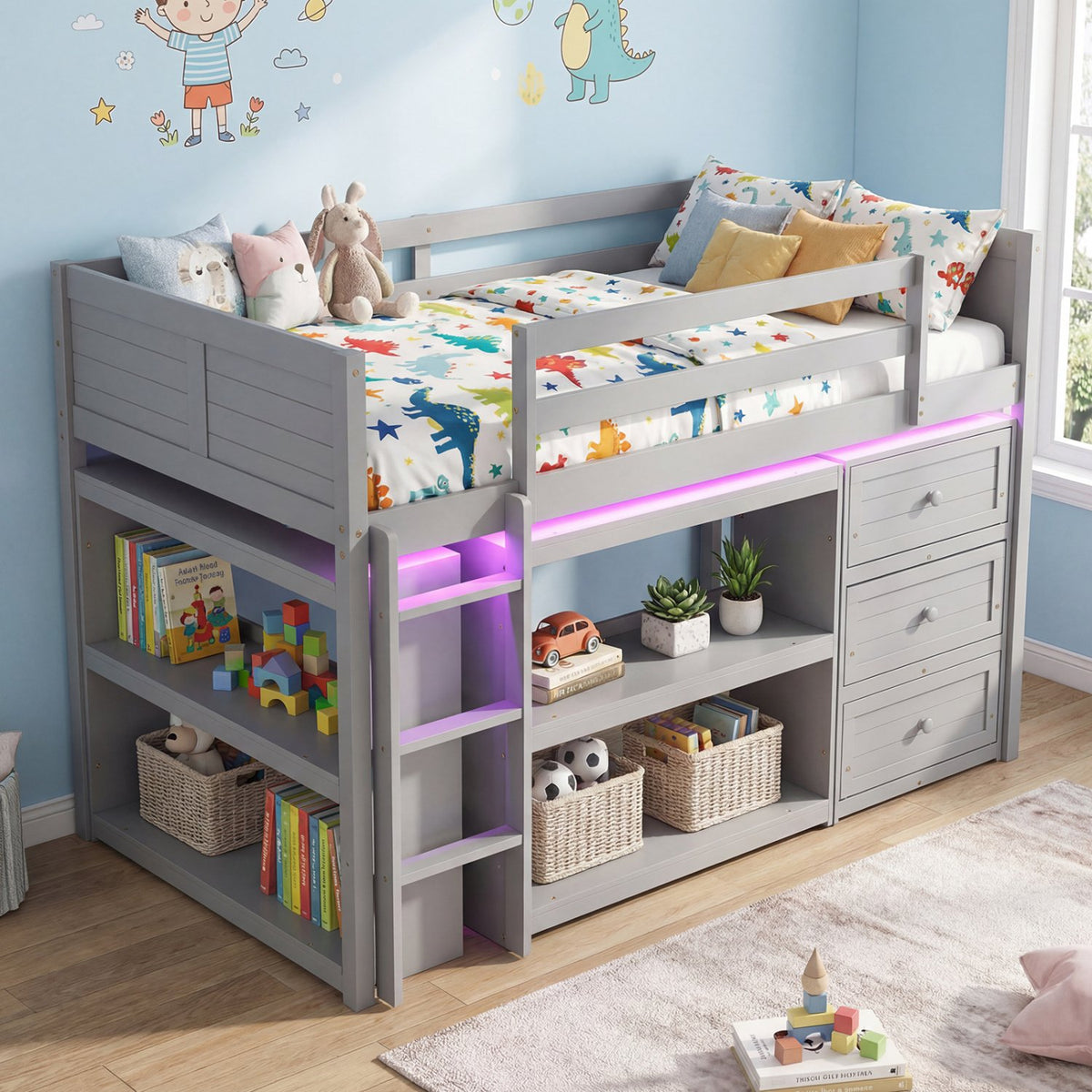 Twin Size Loft Bed with LED Lights and Underbed Space for Kids-Gray view 5