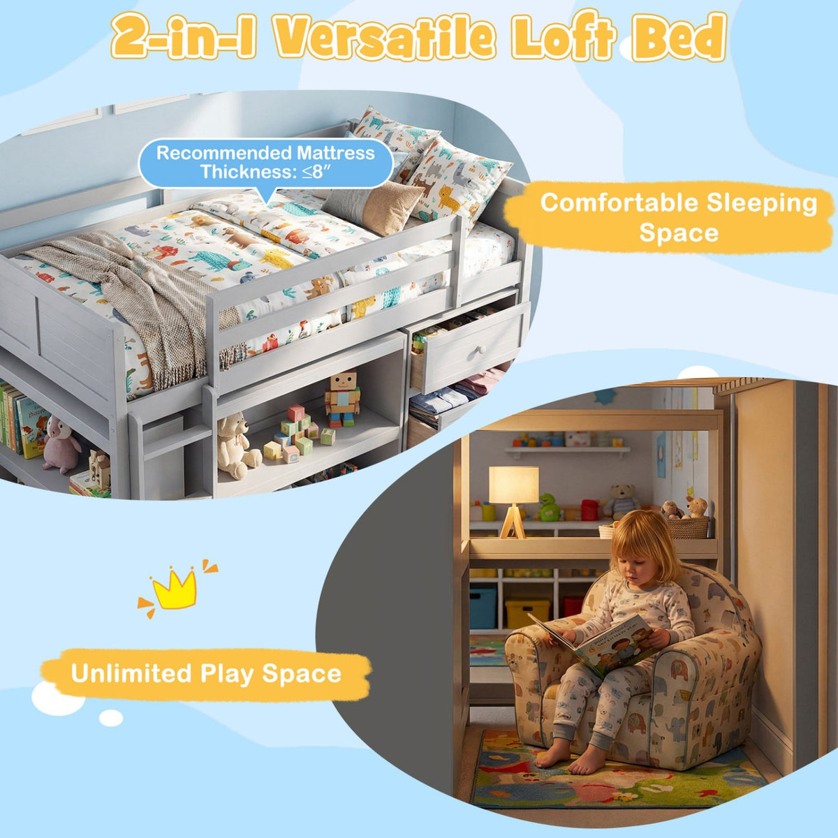 Twin Size Loft Bed with LED Lights and Underbed Space for Kids-Gray view 7