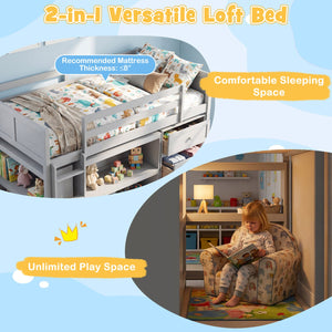 Twin Size Loft Bed with LED Lights and Underbed Space for Kids-Gray view 7