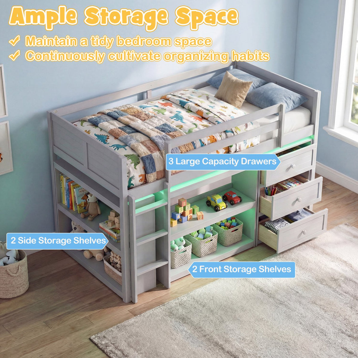 Twin Size Loft Bed with LED Lights and Underbed Space for Kids-Gray view 8
