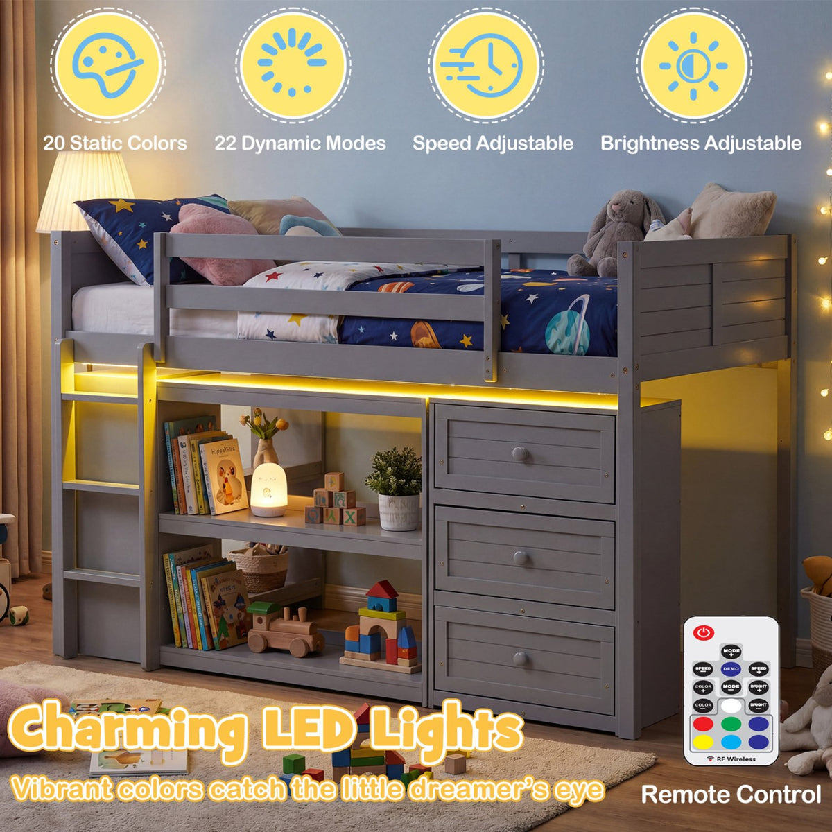 Twin Size Loft Bed with LED Lights and Underbed Space for Kids-Gray view 9