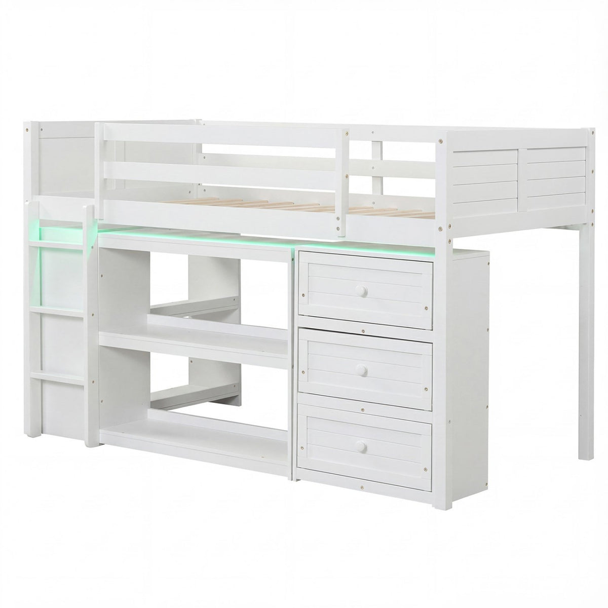 Twin Size Loft Bed with LED Lights and Underbed Space for Kids-White