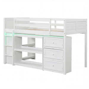 Twin Size Loft Bed with LED Lights and Underbed Space for Kids-White