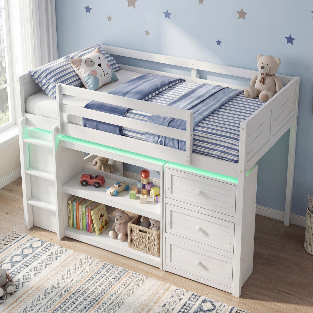 Twin Size Loft Bed with LED Lights and Underbed Space for Kids-White view 2