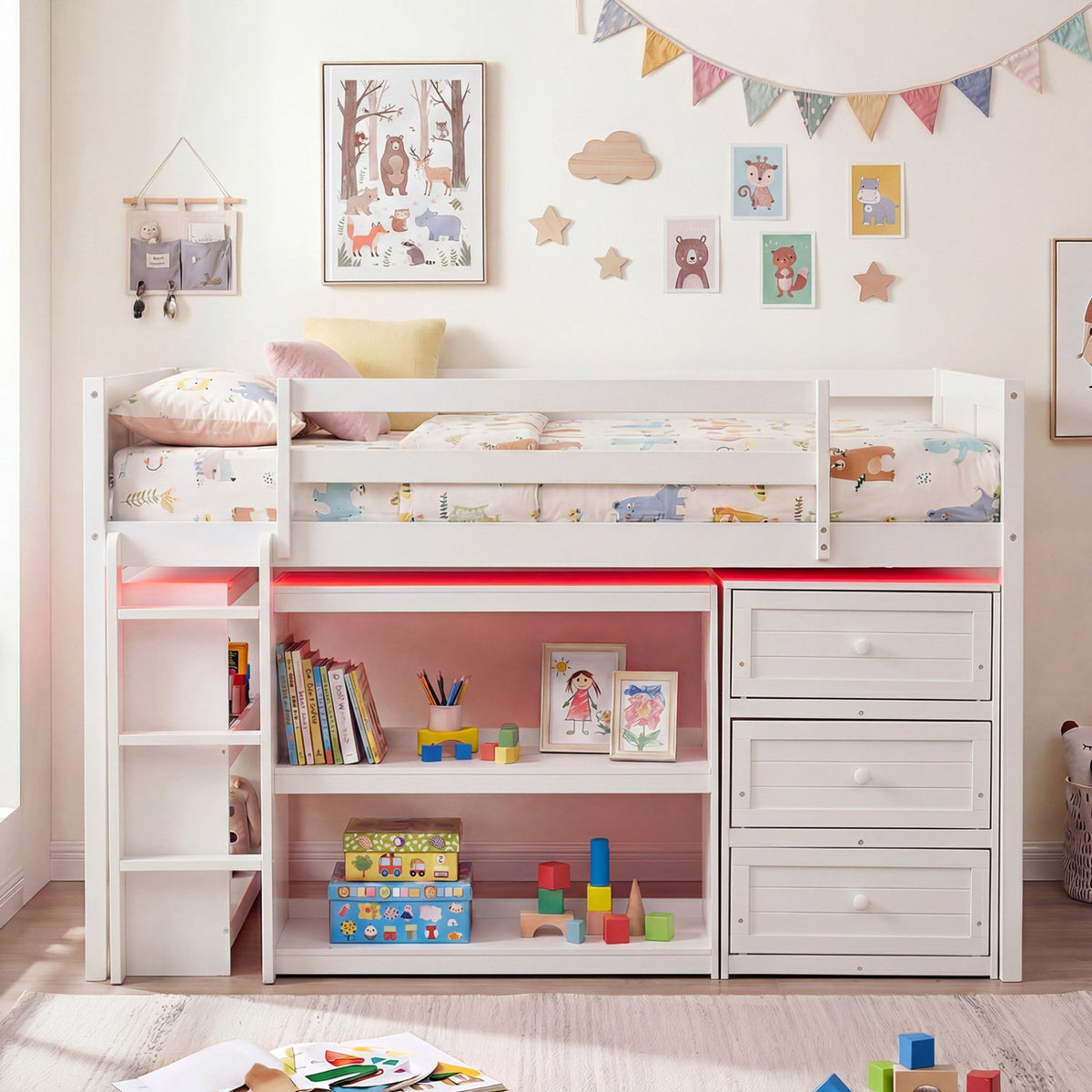 Twin Size Loft Bed with LED Lights and Underbed Space for Kids-White view 3