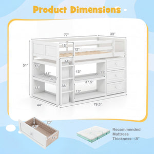 Twin Size Loft Bed with LED Lights and Underbed Space for Kids-White view 4