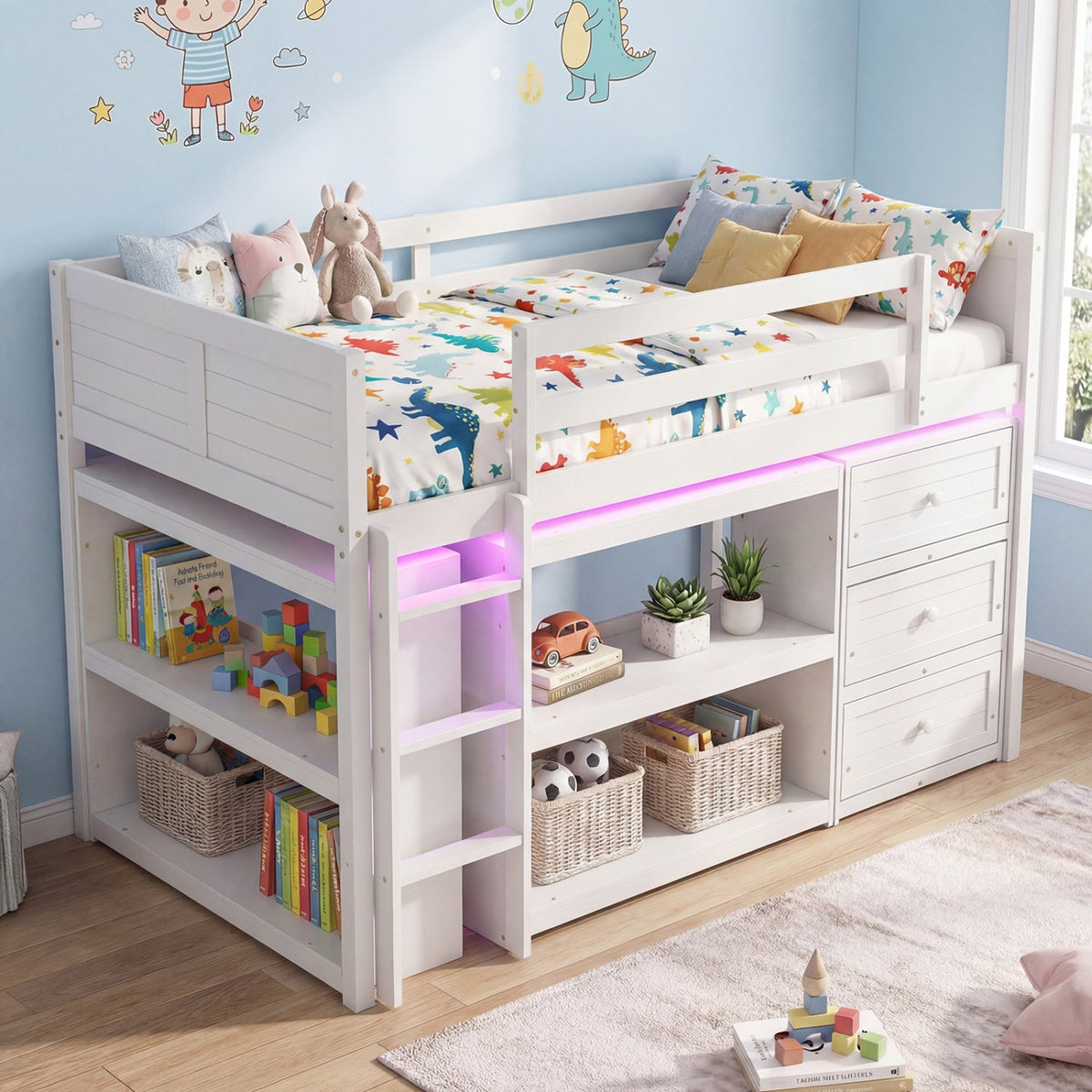 Twin Size Loft Bed with LED Lights and Underbed Space for Kids-White view 5