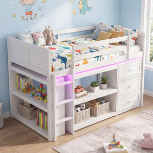 Twin Size Loft Bed with LED Lights and Underbed Space for Kids-White view 5