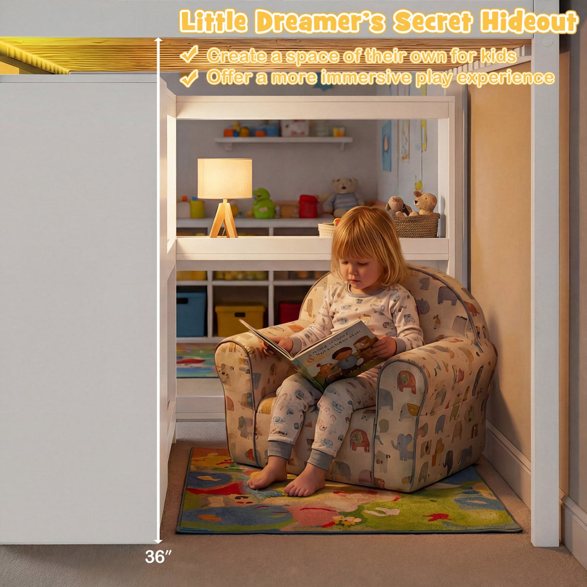 Twin Size Loft Bed with LED Lights and Underbed Space for Kids-White view 6