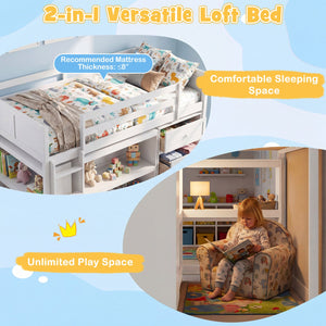 Twin Size Loft Bed with LED Lights and Underbed Space for Kids-White view 7