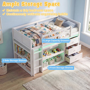 Twin Size Loft Bed with LED Lights and Underbed Space for Kids-White view 8