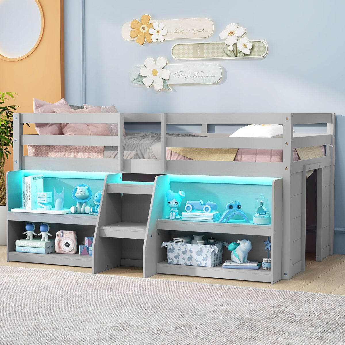 Twin Size Loft Bed with LED Lights with Staircase and Safety Guardrail-Grey view 2
