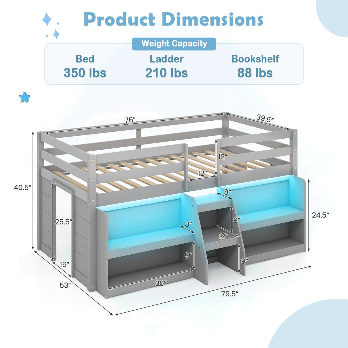 Twin Size Loft Bed with LED Lights with Staircase and Safety Guardrail-Grey view 4