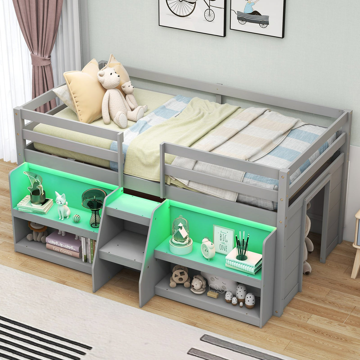 Twin Size Loft Bed with LED Lights with Staircase and Safety Guardrail-Grey view 5