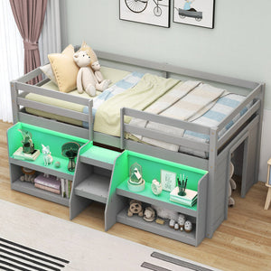 Twin Size Loft Bed with LED Lights with Staircase and Safety Guardrail-Grey view 5